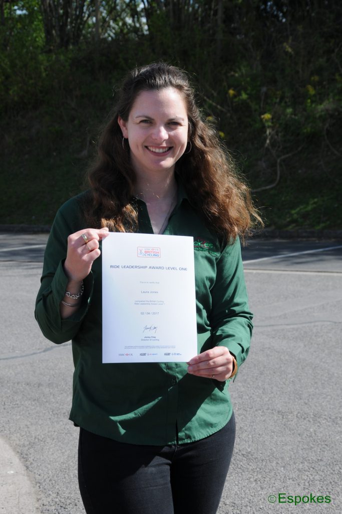 Partner of Espokes Laura Jones with her certificate fo completing the British Cycling ride leadership level oner