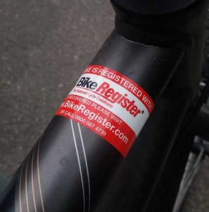 BikeRegister Permanent marking kit sticker on bike